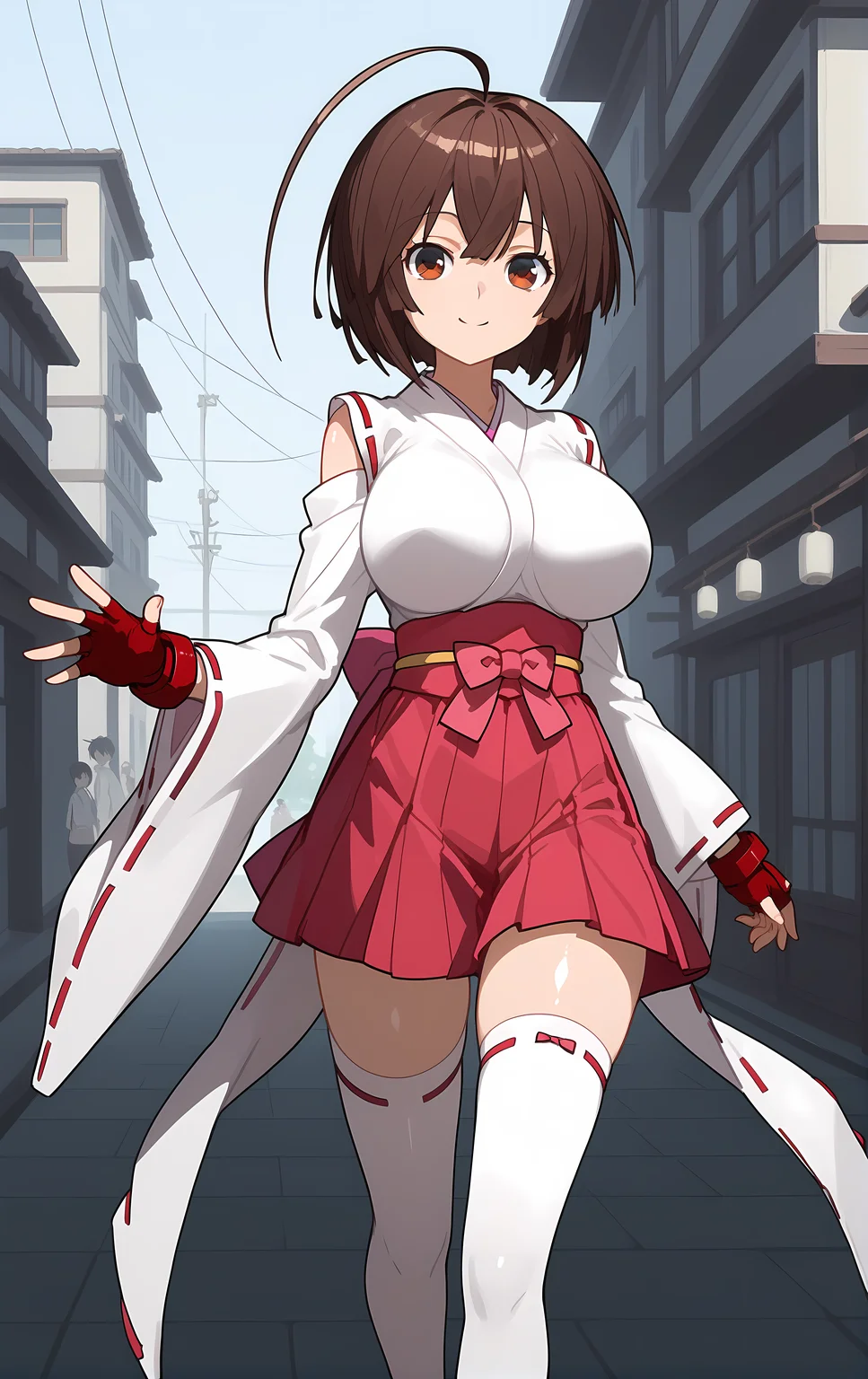 (score_9, score_8_up, score_7_up), looking at viewer, smile, closed mouth, shiny skin,
ohwx, 1girl, solo, brown_hair, brown_eyes, long_hair, ahoge, breasts, short_hair, large_breasts, ahoge, huge_ahoge,
fingerless_gloves, bare_shoulders, bow, gloves, hakama, hakama_short_skirt, hakama_skirt, impossible_clothes, impossible_shirt, jacket, japanese_clothes, kimono, long_sleeves, miko, red_gloves, red_ribbon, ribbon, ribbon_trim, sash, shirt, skirt, thighhighs, white_thighhighs, wide_sleeves, zettai_ryouiki,
slums, Walking as if stepping on legos,
<lora:musubi_pony_ss-000001:1>