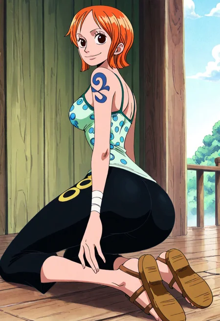 score_9, score_8_up, score_7_up, ultra quality, solo, 1girl, arlong_park,nami (one piece), orange hair, short hair, brown eyes, breasts, shoulder tattoo, green camisole, dot print, capri pants, black pants, sandals, bandages, smile, butt focus, big hips, big butt, bubble butt, curvy, narrow waist, kneeling, looking to the viewer, close up, screencap