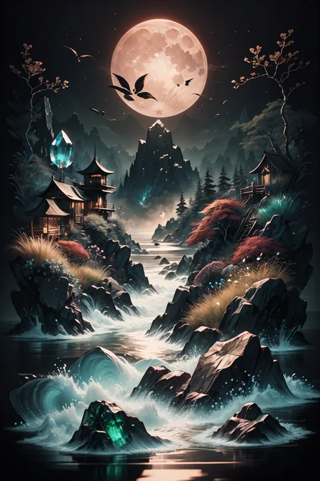 <lora:Calligraphy-ink-style-darquelilly-v1:1> calligraphyinkstyle, different flowers and gemstones, diamonds, rubies, zirkons, emeralds, aquamarins, harmonic fusion, volumetric lighting, night time, moonlight reflects in the water, black background, <lora:Crystals:0.7> crystalz