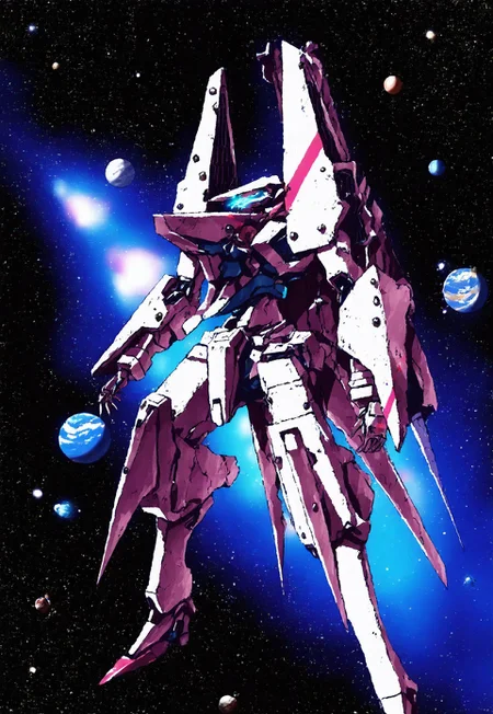 cs-l3ath3r, Latex, mecha,science fiction,no humans,glowing,retro artstyle,space,star \(sky\),planet,earth \(planet\),space craft,starry sky,weapon,milky way,