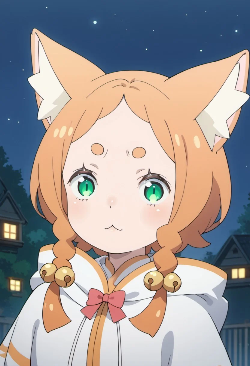 score_9, score_8_up, score_7_up, source_anime, mimi pearlbaton, animal ears, twin braids, bell hair ornament, cat ears, orange hair, green eyes, 1girl, solo, bell, :3, hair ornament, hair bell, night, braid, animal ear fluff, jingle bell, hood