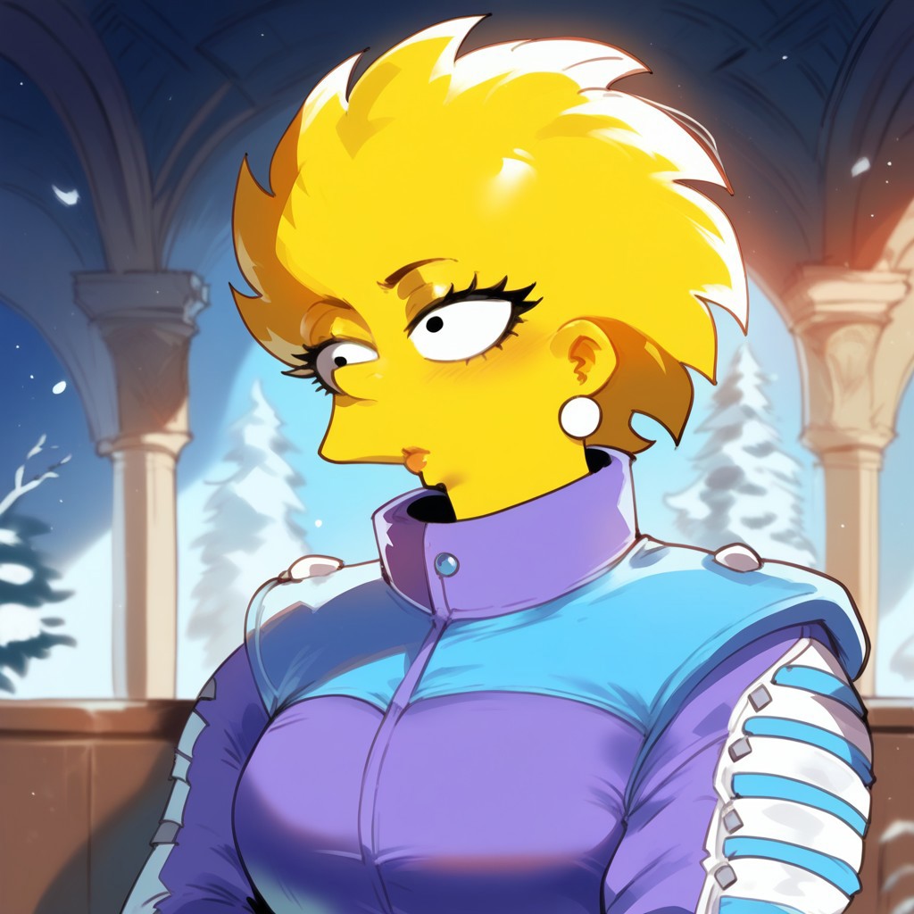 score_9, score_8_up, score_7_up 
   , masterpiece, beautiful,1girl, wide hips, normal breast, solo, Alisasimpson,black eyes,black bead eyes,yellow skin, spiky hair, yellow hair,
pearl necklace,
 ,purple and blue winter jacket,high collar and a zipper, blue stripe jacket, oranga pants, violet shoes,