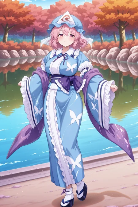 absurdres, highres, masterpiece, best quality, amazing quality, official anime artwork, screencap, anime screencap, outdoors, looking at viewer, light smile, dynamic pose, standing,
<lora:Yuyuko-Saigyouji_IllustriousV3:1> saigyouji yuyuko, 1girl, solo, pink eyes, pink hair, short hair, large breasts,, saigyouji yuyuko \(boundary of time\), alternate costume, blue hat, triangular headpiece, purple scarf, blue kimono, frilled kimono, long sleeves, frilled sleeves, wide sleeves, butterfly print, floral print, purple ribbon, platform sandals, okobo,
lake,