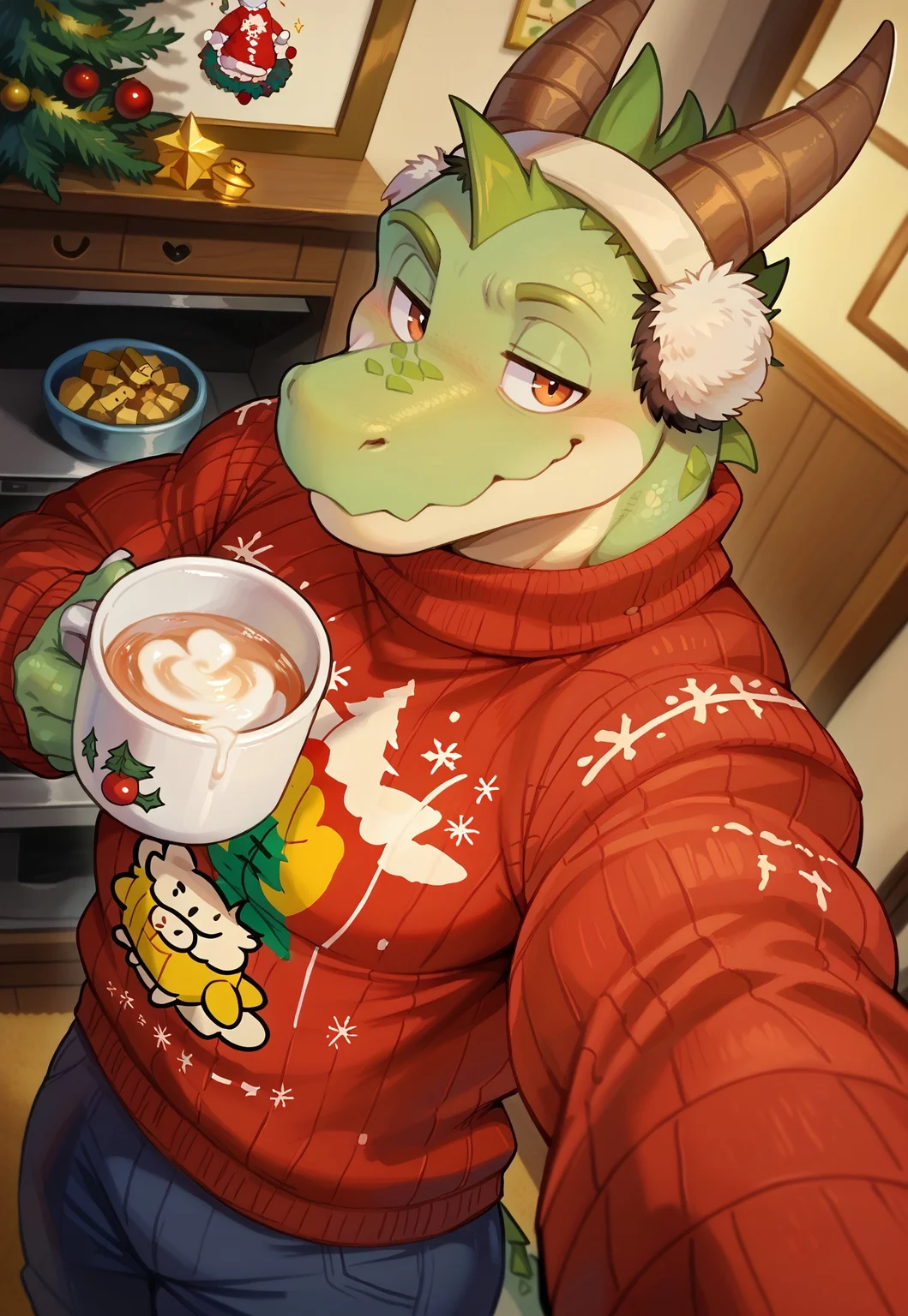 score_9, score_8_up, score_7_up, masterpiece, best quality, zPDXL3, by dangpa, waspsalad, by waspsalad, 1boy, solo, dragon, scalie, anthro, bara, big muscles, small waist, christmas_sweater, ear muffs, (selfie), (from above, dutch angle:1.3), side view, looking at viewer, holding cup, smug, close up