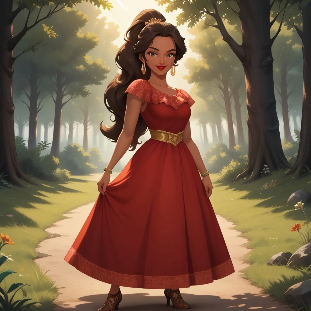 score_9, score_8, BREAK, solo, brown hair, brown eyes, red lips, lipstick, ponytail, dark skin, dark skin female, earrings, bracelet, red long dress, brown heels, Elena_(Elena_Of_Avalor), sexy pose, self portrait, smile, outdoors, sunlight, shadows, evening lighting, natural lighting, forest, trees, grass, orange sky, sunset