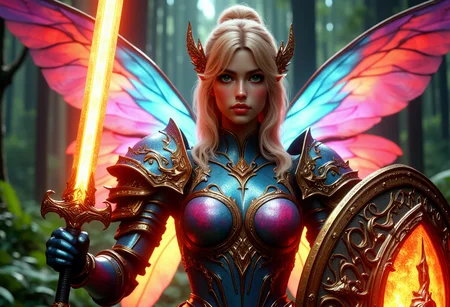 Cinematic realistic shot of a beautiful female fairy, wearing shiny colorful magical armor, (holding a glowing sword in right hand and a detaild glowing shield in lef hand infront of her:1.2) in an attacking pose, big colorful fairy wings on back, forest in background, hkwarrior, super realistic and detaild, mythp0rt, sword and shield  <lora:FluxWeaponSwordShield:1> <lora:FluxFantasyKnightsV1:0.75> <lora:FluxMythP0rtr4itStyle:0.75>