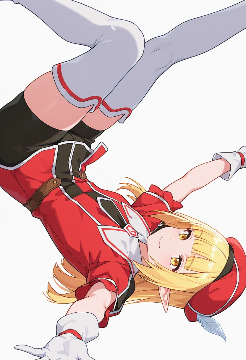 Smooth Quality,masterpiece,very intricate, high quality details, ultra realistic, high detailed skin,detailed enviorement,absurdres,
\n/,solo,
<lora:Rune_Noma_CNR:0.8> rune_cnr, pointy ears, blonde hair, long hair, yellow eyes, blunt bangs, elf, thighhighs, thigh boots, shorts, gloves, red hat, hat feather, beret, short sleeves, necktie,, simple background, white background, sideways,
jumping, arms open, legs bent, smiling, midair, ,, 0 0,