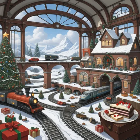 On the grownd in the livingroom [train station, bridge, window, science fiction, traditional media, motor vehicle, day, vehicle focus, road, gift, railway, christmas, food, cloud, box, cake, fireplace, plant, weapon, snow]