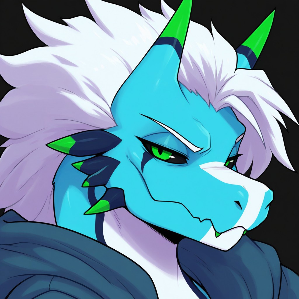 masterpiece, best quality, amazing quality, 
solo, 1boy, RetrospecterFNF, furry male, demon, dragon, horns, white hair, blue body green eyes, white body, black sclera, multicolored body, jacket, unamused, looking at viewer,
simple black background, face focus, close up, looking at viewer,
