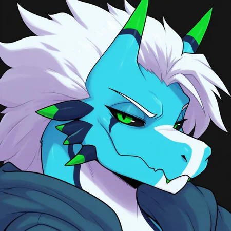 masterpiece, best quality, amazing quality,
solo, 1boy, RetrospecterFNF, furry male, demon, dragon, horns, white hair, blue body green eyes, white body, black sclera, multicolored body, jacket, unamused, looking at viewer,
simple black background, face focus, close up, looking at viewer,