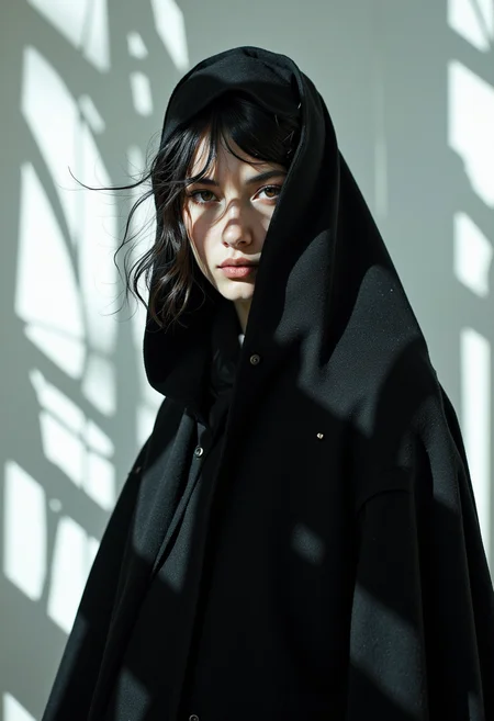A (Soft Lighting Photography by Mimoza Veliu and Mario Giacomelli:1.2), NSFW, Shards of Light, A model shrouded in stark, structured attire—blacks, whites, and flashes of silver, like shards catching light in an abstract landscape. The look is minimalist but provocative, her gaze direct yet softened by shadows that fall in rhythmic patterns across her face. In the background, soft beams of light fall like glass, casting an ethereal quality to the scene. Her presence is magnetic, a blend of fragility and defiance, embodying both the future and the present.sexy