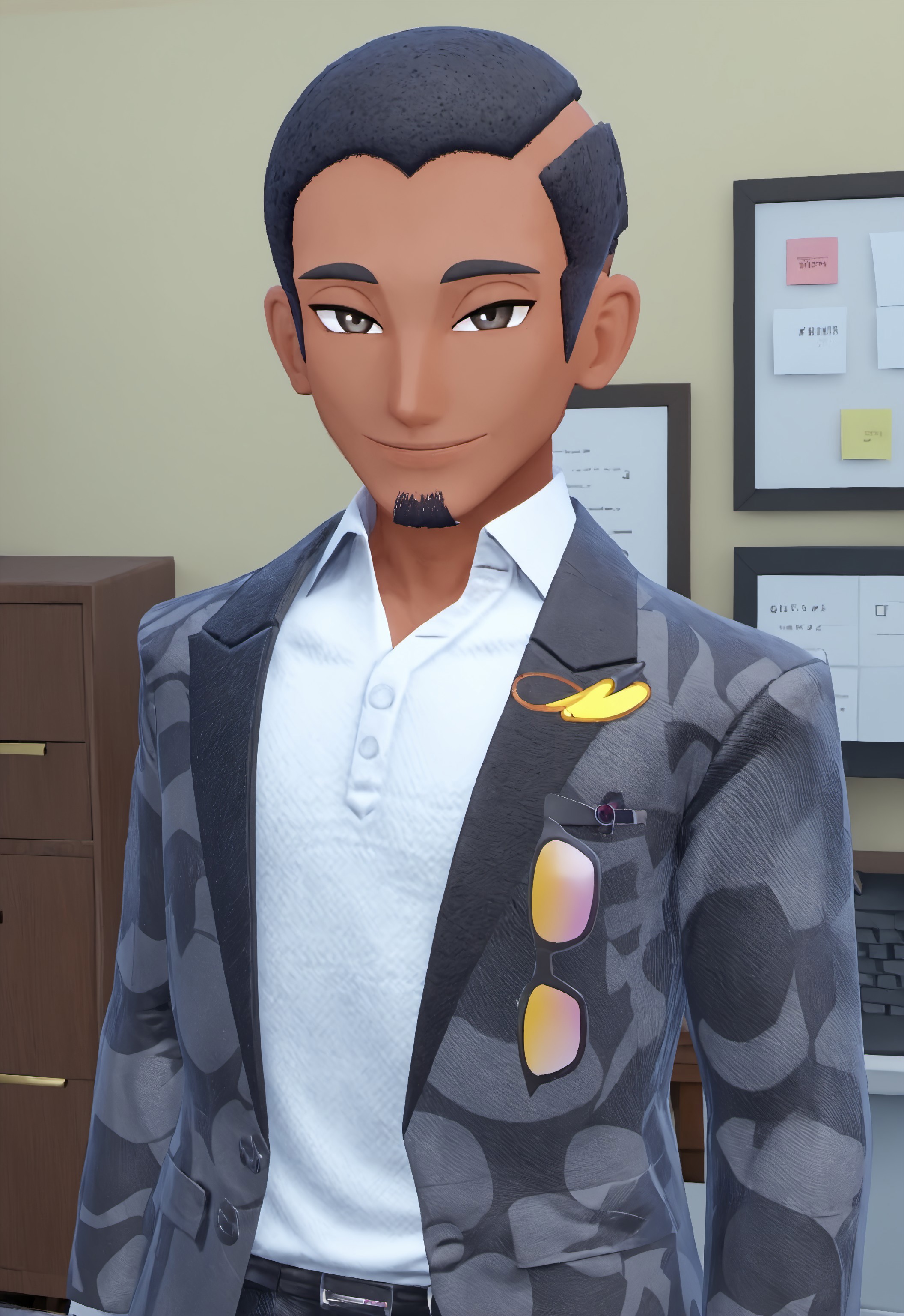 safe_pos, safe_pos, safe_pos, safe_pos, score_9, score_8_up, rating_nsfw, ultra hd, absurdres, best quality, best aesthetic, masculine, solo, 1boy, male focus, perfect proportions, handsome, erotic, alluring, mature male, coloured

PokeSalvatore, dark-skinned male, black hair, short hair, facial hair, goatee, shirt, jacket, eyewear hang, office background, looking at viewer, smiling, Expressiveh, bedroom eyes, flirty eyes