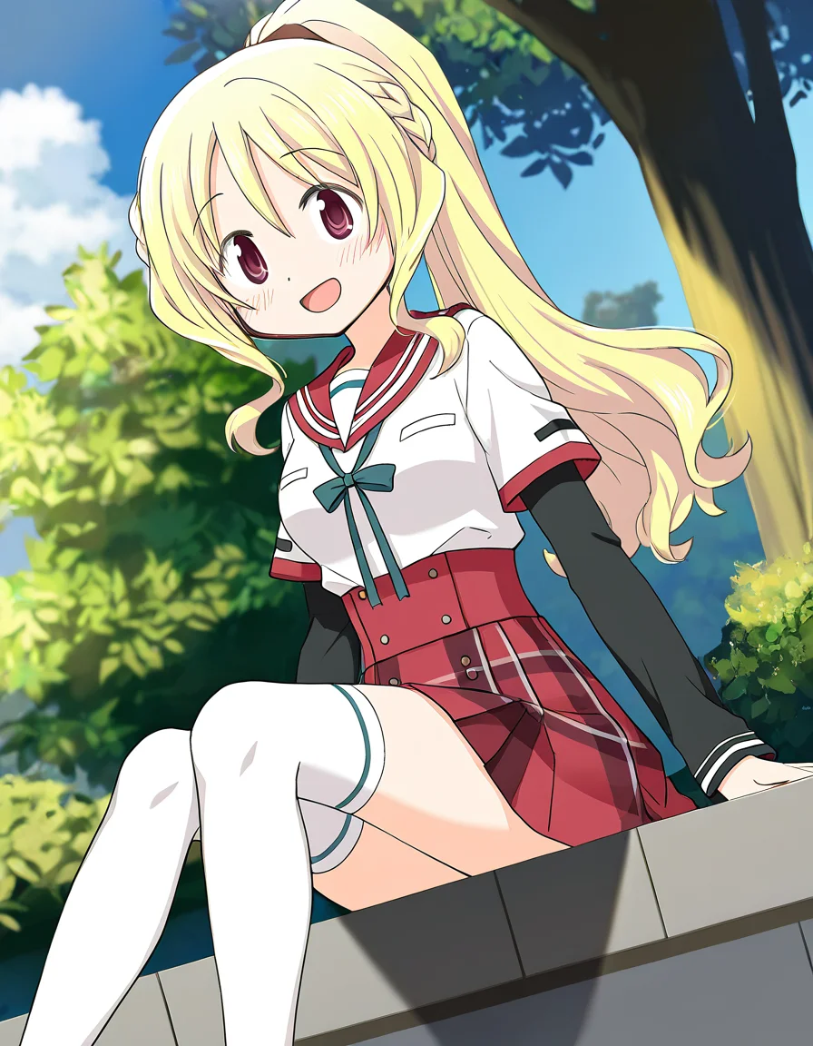 masterpiece, best quality, newest, absurdres, highres, safe, 1girl, togame momoko \(school uniform\), magia record: mahou shoujo madoka magica gaiden, black sleeves, solo, sitting, open mouth, outdoors, dutch angle, <lora:togame_momoko_noobaiXLNAIXL_vPred10Version:0.7>