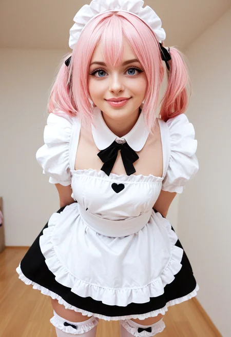 CivChan, 1girl, civchan, solo, pink hair, long messy hair, purple eyes, maid outfit, frilly apron, short skirt, thigh highs, energetic pose, huge grin, wide eyes, tilted head, flushed cheeks, sparkles, heart icons, colorful pastel room, cluttered cute chaos, high saturation, 35mm lens, cinematic lighting, dreamy bokeh, kawaii overload, hyper expression, bouncing mid-motion, too much energy, uncontainable cuteness