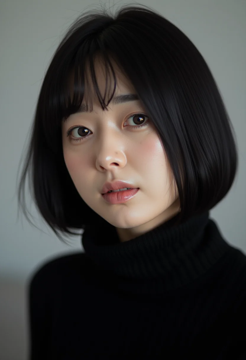 photo of a korean woman,Raw photo. Sacred. Beloved. Pure, innocent, pure, 32 years old. Tattoo. Photorealistic portrait of a cute and pure Japanese girl with black bob hair. Kind. Emphasizing her innocence. She is wearing a black turtleneck sweater, which brings her features and facial expression into focus. The lighting is soft and natural, perfectly capturing her cuteness and purity without the distraction of the background. High resolution photo, soft focus lens, natural light, close-up composition, minimalist approach, attention to the texture and details of the sweater, highlighting her purity and innocence.