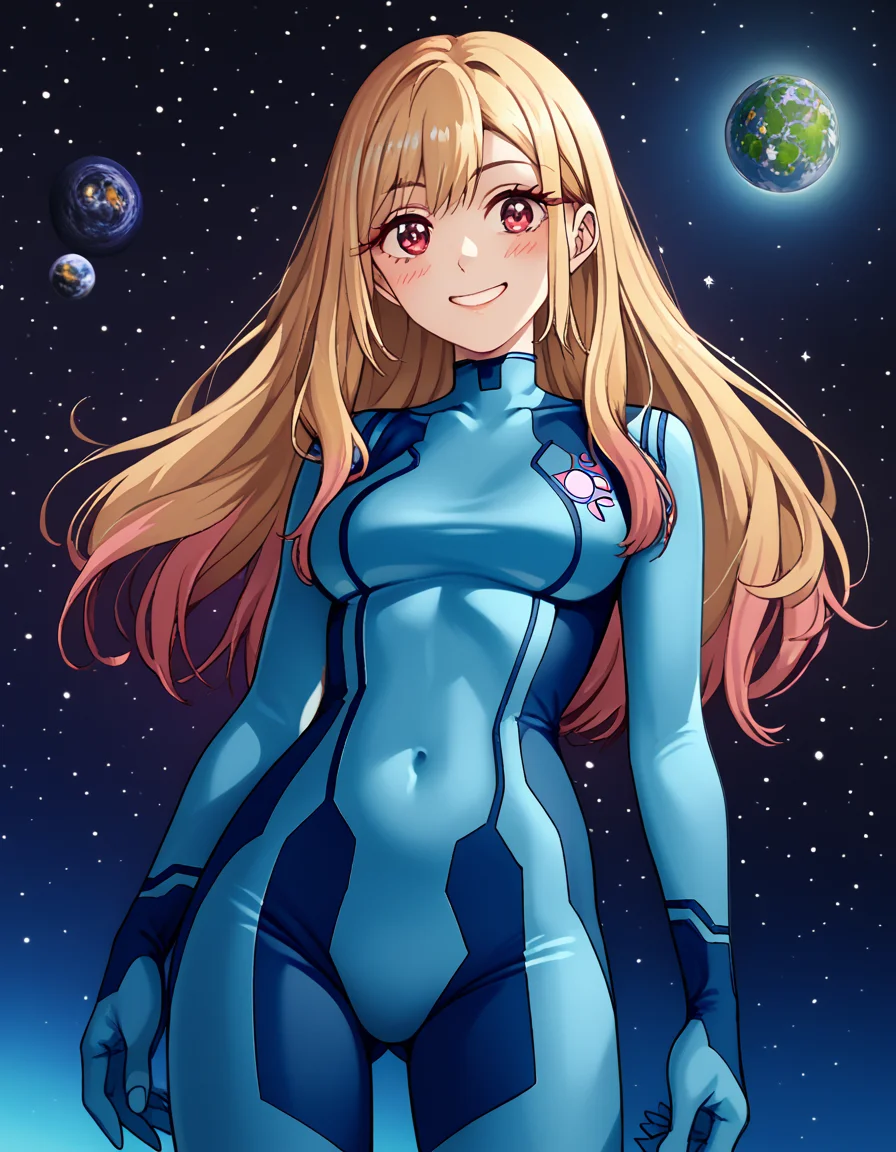 score_9, score_8_up, score_7_up, source_anime, marinkitagawa, <lora:marin-kitagawa-ponyxl-lora-nochekaiser:1>, marin kitagawa, long hair, bangs, blonde hair, red eyes, multicolored hair,, <lora:samus-aran-cosplay-ponyxl-lora-nochekaiser:1>, samusarancosplay, samus aran \(cosplay\), blue bodysuit, bodysuit, covered navel, skin tight, zero suit,, space, planet, earth \(planet\), star \(sky\), galaxy, nebula, moon, blush, smile,, cowboy shot, dutch angle, solo,