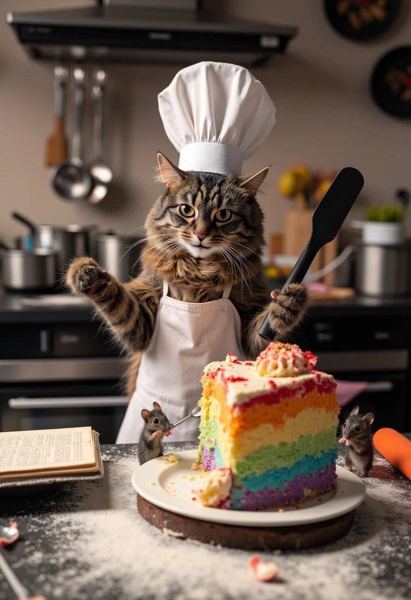 photograph of a fluffy, long-haired domestic cat named Allie 
Background: A chaotic kitchen with flour everywhere, pots and pans scattered, and a large, colorful cake that’s hilariously lopsided.
Cat: fluffy, medium-sized cat named Allie with a mottled coat featuring dark brown and black tabby stripes Wearing a tall chef's hat and a tiny apron, looking bewildered as it tries to balance a whisk in one paw and a spatula in the other.
Pose: The cat could be standing on its hind legs, with a big, exaggerated expression of concentration or panic, as it stares at a cookbook that’s upside down.
Extras: A few mischievous mice peeking out from behind the cake, holding tiny spoons, ready to taste the disaster.
