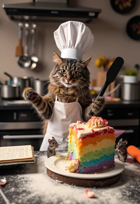 photograph of a fluffy, long-haired domestic cat named Allie
Background: A chaotic kitchen with flour everywhere, pots and pans scattered, and a large, colorful cake that’s hilariously lopsided.
Cat: fluffy, medium-sized cat named Allie with a mottled coat featuring dark brown and black tabby stripes Wearing a tall chef's hat and a tiny apron, looking bewildered as it tries to balance a whisk in one paw and a spatula in the other.
Pose: The cat could be standing on its hind legs, with a big, exaggerated expression of concentration or panic, as it stares at a cookbook that’s upside down.
Extras: A few mischievous mice peeking out from behind the cake, holding tiny spoons, ready to taste the disaster.