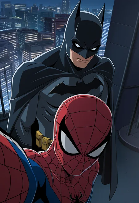 anime coloring, 2boys, batman, spider-man, upper body, city, rooftop, selfie, annoyed, dramatic lighting, highres, anime screenshot, official art