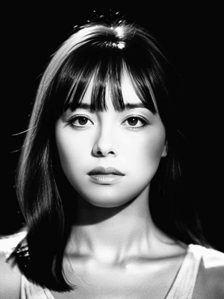 Best Quality, Masterpiece, Ultra High Resolution, (Film Granues: 1.4), Bangs, Film Lighting, (Fujicolor: 1.2) Bust Portrait,
Close-up of face, clear pores, 1 girl, looking at the viewer, black background (photorealistic: 1.2) black and white portrait