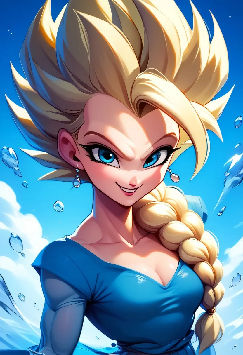 score_9, score_8_up, score_8, medium breasts, (curvy), cute, eyelashes, BREAK, ,
spiked hair, super saiyan, blonde hair,
ElsaXPL, cleavage, blue dress, single braid over shoulder,
,,,
solo, looking at viewer, upper body, aura, blue sky, ,
BREAK,
smile, looking at viewer, cowboy shot,
zPDXL, Expressiveh,