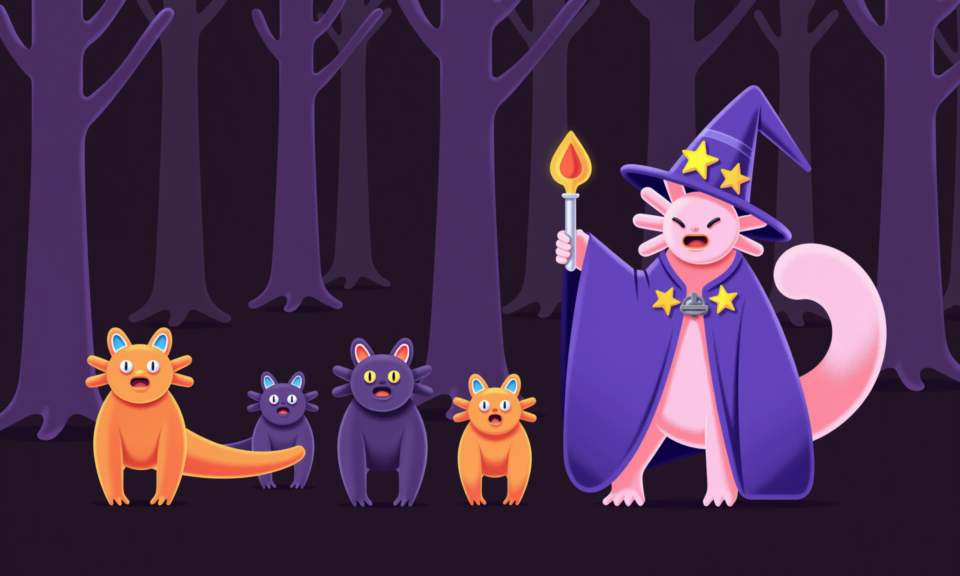 wh1m5y_style flat illustration, axolotl, axolotl dressed as a wizard, casting a spell in a dark forest, magical creatures<lora:Axomodel_Flux_V2.safetensors:0.5:0.5> <lora:wh1m5y_style flat illustration__FLUX.safetensors:1:1>