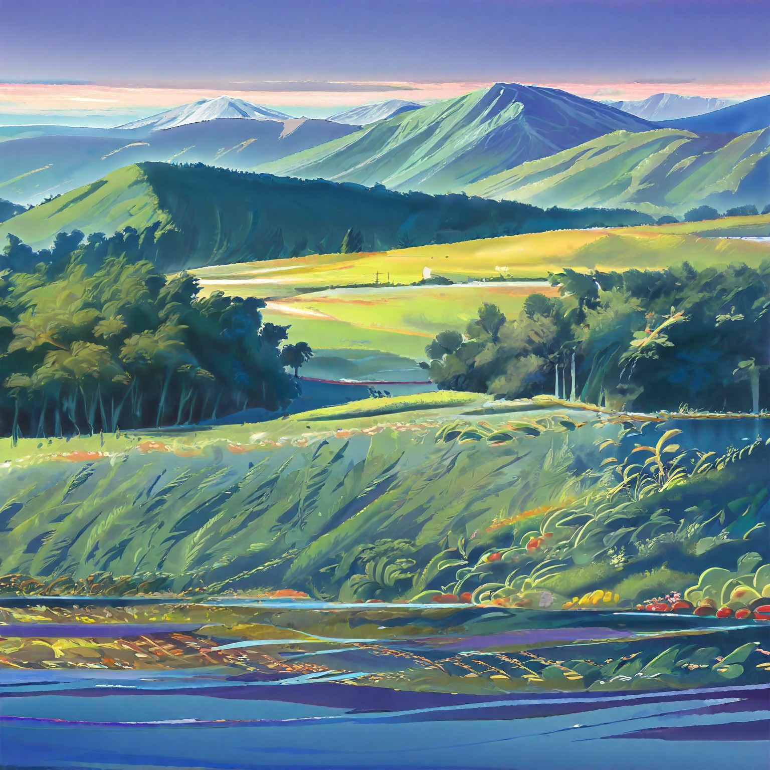 Bob_marshall_wilderness. Mountain range, lake, river, landscape, no_humans, monet_style