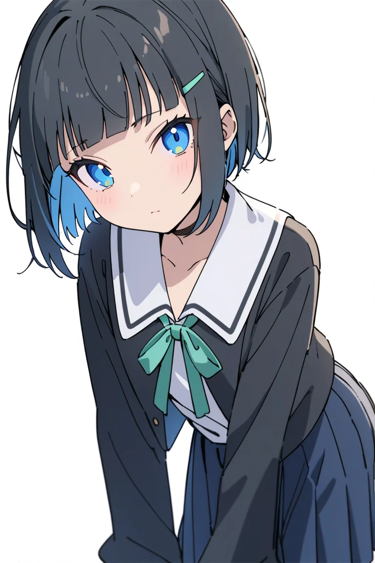 1girl, solo, blue eyes, short hair, white background, skirt, looking at viewer, choker, simple background, sleeves past wrists, black hair, shirt, hair ornament, jacket, hairclip, long sleeves, bangs, closed mouth, pleated skirt, white shirt, black jacket, blue skirt, school uniform, green ribbon, blunt bangs, ribbon, masterpiece, best quality,
<lora:shinonome akira A31 e1:0.85>