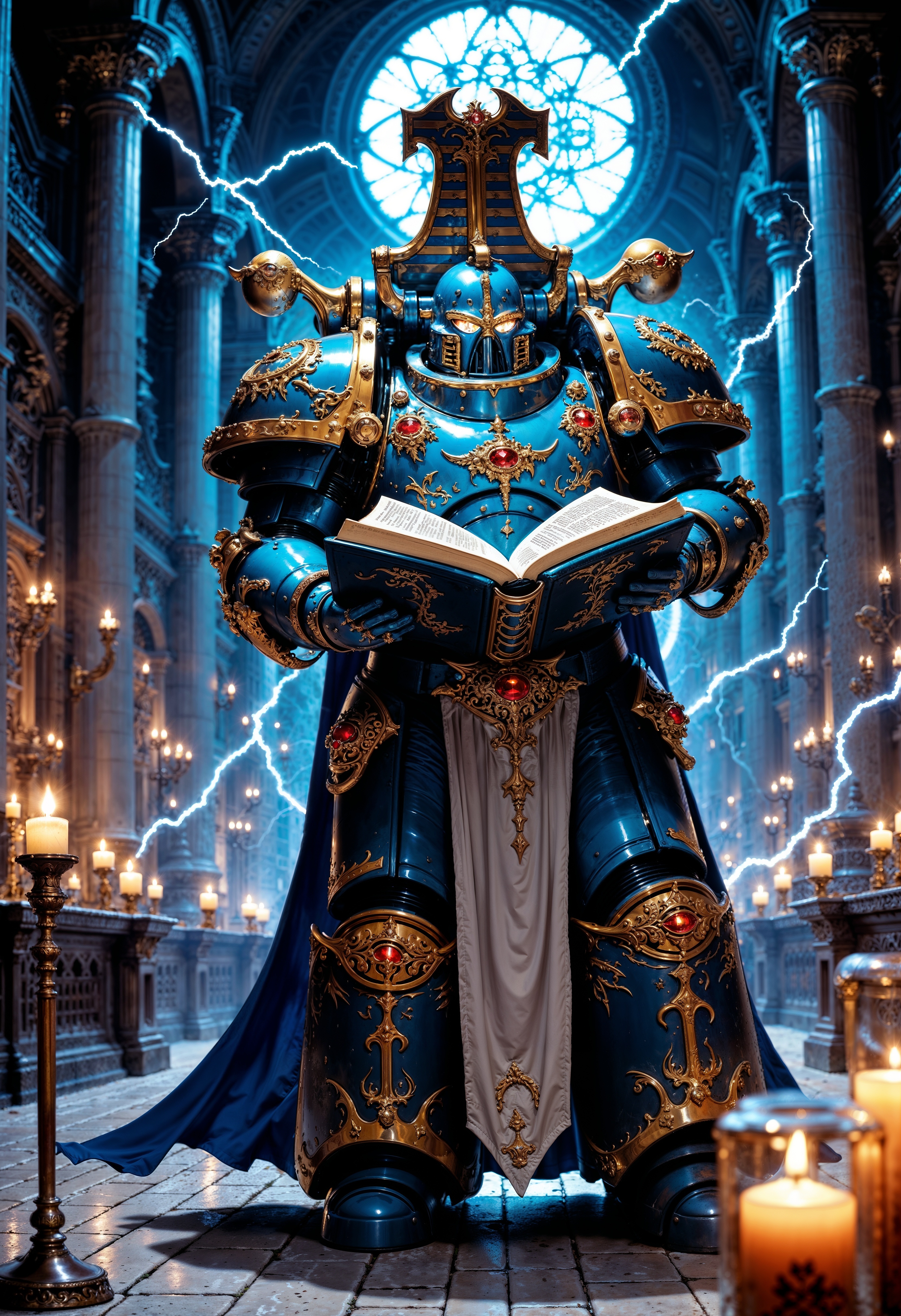 highly detailed magical cinematic scene, a futuristic armored figure standing in a grand, cathedral-like setting. The subject is clad in ornate blue and gold ThouS40k power armor, adorned with intricate designs and symbols. The armor includes a large, decorative crest on the helmet and shoulder pads, with glowing blue energy emanating from various points. The figure holds an open book in one hand, displaying arcane symbols, and is surrounded by lit candles on a stone surface. The background features towering columns and a large, circular stained glass window, casting a mystical light. Electric blue lightning arcs around the figure, adding a dynamic and powerful element to the scene. The overall composition is symmetrical, with a focus on the central armored figure, creating a sense of majesty and authority. vignette, highly detailed, bokeh, moody, epic, gorgeous, film grain, grainy, mythp0rt, <lora:FluxMythP0rtr4itStyle:0.6>, <lora:FluxThouS40k:0.9>