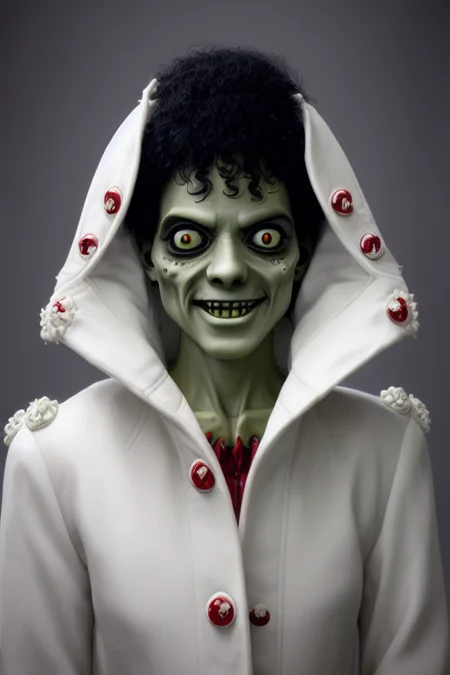 mjthriller portrait of smiling zombie in a very elegant white puffer coat, intricate detail, detailed face, very sharp, high quality, professional photography <lora:hjmjthriller_v10-000003:0.7>