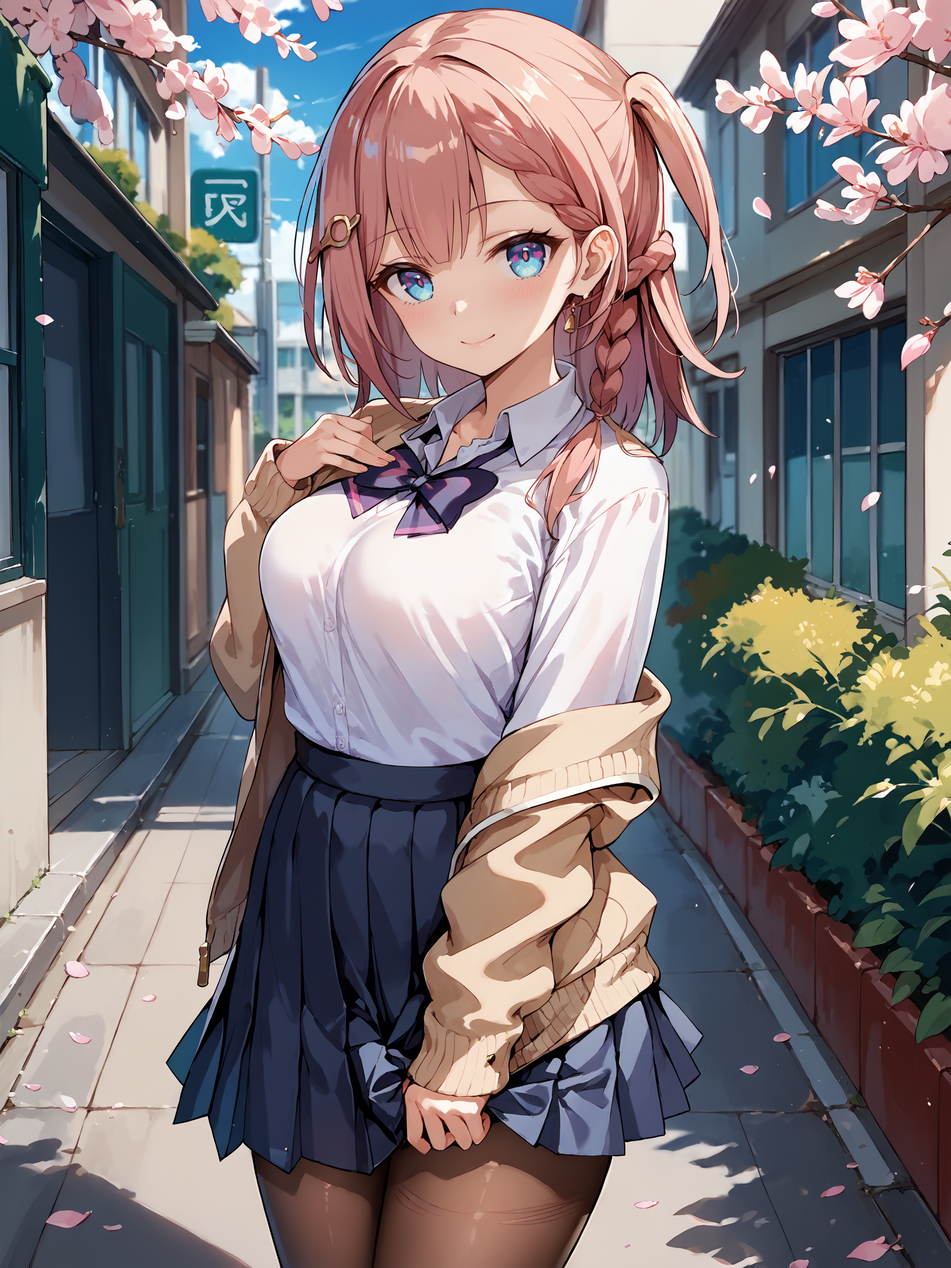 score_9, score_8_up, score_7_up, source_anime, 1girl, asta \(honkai: star rail\), solo, school uniform, white shirt, sweater, pleated skirt, pantyhose, light smile, looking at viewer, outdoors, street, cherry blossoms, petals, depth of field  <lora:Char-HonkaiSR-Asta-Pony-V1:1>
