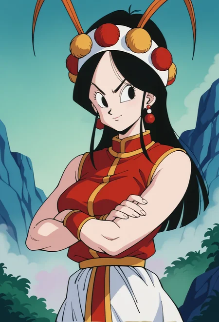 score_9,score_8_up,score_7_up,score_6_up, BREAK annin, retro artstyle, 1girl,upper body,portrait, solo, black hair, black eyes, medium breasts, red vest, white skirt, white headband, pom pom \(clothes\),orange fake antennae,looking at viewer,, blue cliff,blue wall, fog, crossed arms,white vertical stripes,red earrings,red bracer,sleeveless, <lora:AnninPony:1>