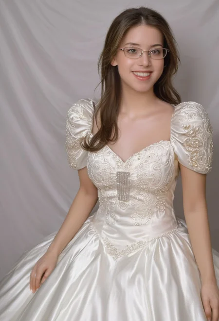 realistic photo of Beautiful young woman, perfect medium perky natural breasts, 2009 style, low rise, low contrast style, 8mm film, analog photography style, long brown hair, sharp facial features,thick nerdy glasses, pale white skin, , influencer, brown eyes, no makeup, instagram, detailed skin texture, detailed eyes, detailed face, slim, (small waist, wide hips, thick thighs:1.2), (sexy wedding dress:1.3), happy, smiling, juicy ass,
