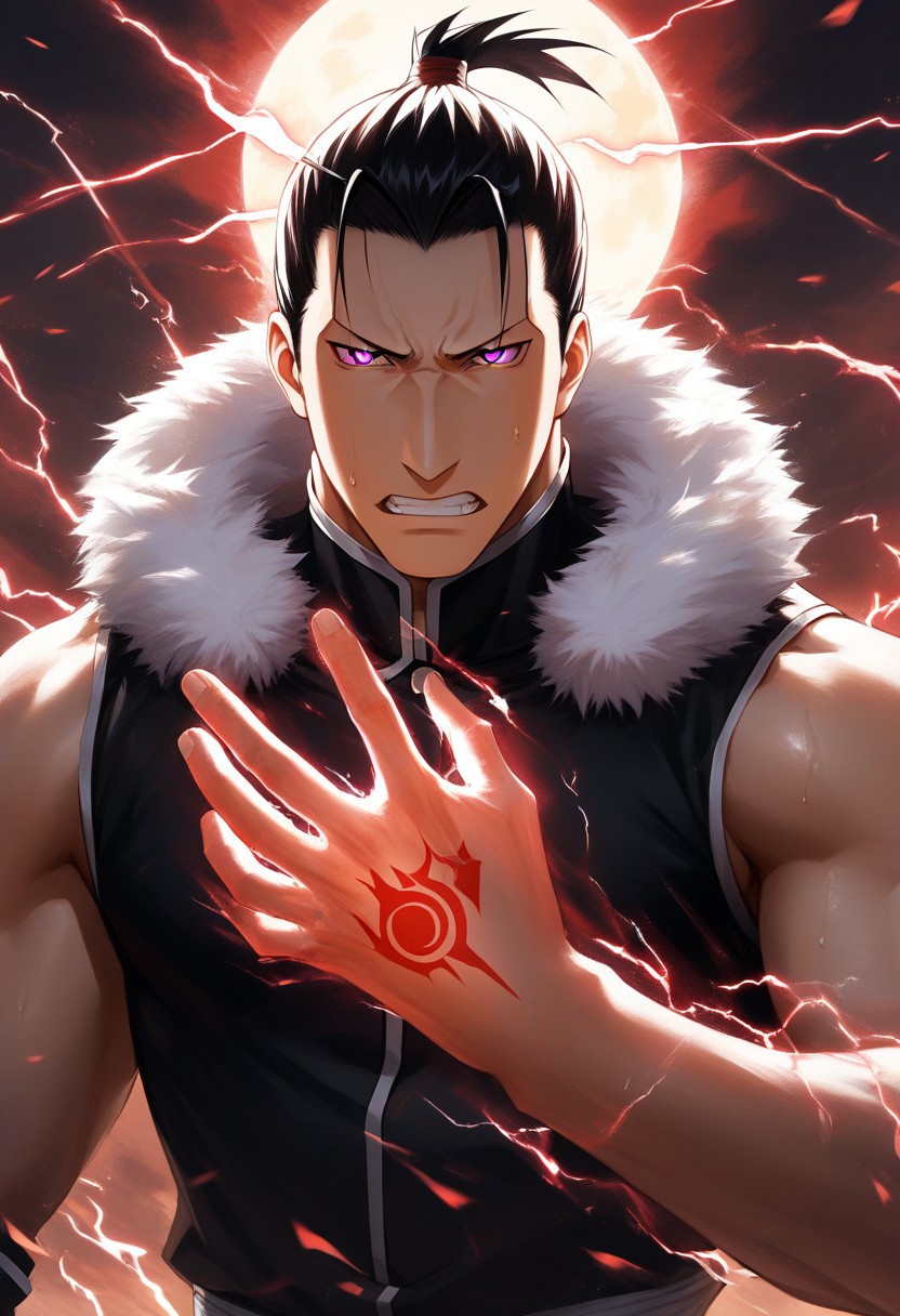 score_9, score_8_up, score_7_up, score_6_up, perfect anatomy, perfect proportions, best quality, masterpiece, high_resolution, high quality, aesthetic, absurdres, (male focus), solo male, source_anime, anime coloring, Greed, GreedFMAPony, black hair, short hair, hair slicked back, purple eyes, (sanpaku, small pupils, thin eyebrows:1.5), sleeveless, black vest, white fur trim, black pants, adult, mature, masculine, manly, handsome, charming, alluring, standing, portrait, headshot, close-up, from front, dutch angle, dark background, dark atmosphere, look at viewer, (one arm raised over face, show arm), sleeves rolled up, BREAK ouroboros homunculus red hand tattoo \(Fullmetal Alchemist\), glow tattoo, red lightning, red glow, electrokinesis, command spell, perfect lighting, cinematic, dynamic angle, sweat drop, fighting stance, serious, angry, mad, clench teeth
