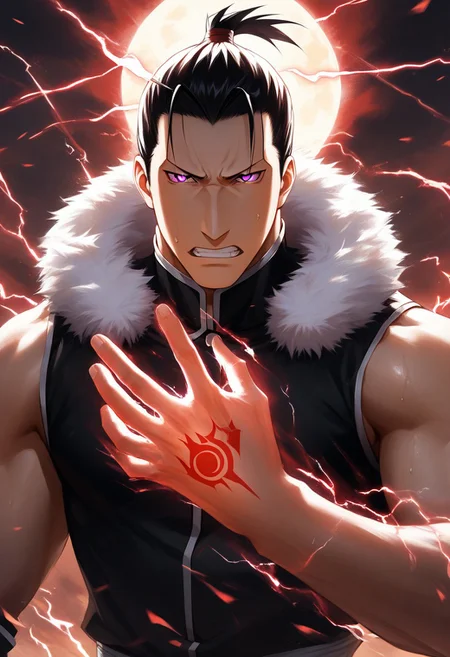 score_9, score_8_up, score_7_up, score_6_up, perfect anatomy, perfect proportions, best quality, masterpiece, high_resolution, high quality, aesthetic, absurdres, (male focus), solo male, source_anime, anime coloring, Greed, GreedFMAPony, black hair, short hair, hair slicked back, purple eyes, (sanpaku, small pupils, thin eyebrows:1.5), sleeveless, black vest, white fur trim, black pants, adult, mature, masculine, manly, handsome, charming, alluring, standing, portrait, headshot, close-up, from front, dutch angle, dark background, dark atmosphere, look at viewer, (one arm raised over face, show arm), sleeves rolled up, BREAK ouroboros homunculus red hand tattoo \(Fullmetal Alchemist\), glow tattoo, red lightning, red glow, electrokinesis, command spell, perfect lighting, cinematic, dynamic angle, sweat drop, fighting stance, serious, angry, mad, clench teeth