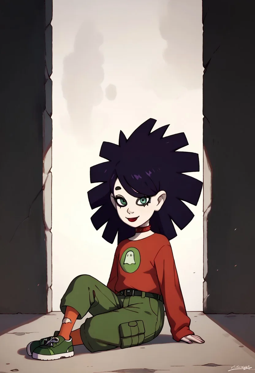 score_9, score_8_up, score_7_up BREAK JaniceCS, dark purple hair, green eyes, pale skin, black eyeliner, red lipstick, red spike choker, red long-sleeve shirt with green-circle-ghost-logo, black belt, buckle, green cargo shorts, orange stockings, black white shoes, full body, smiling at viewer,