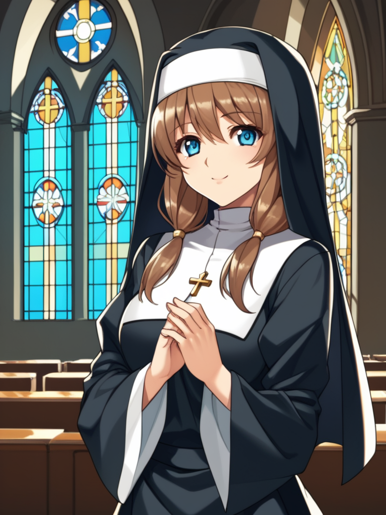 score_9, score_8_up, score_7_up, score_6_up, BREAK masterpiece, perfect face, perfect hands, high quality, source_cartoon, BREAK (1girl, solo,) <lora:Renka_Misaki_-_Akiba_Girls:1> renka, long hair, brown hair, twintails, blue eyes, nun habit, nun uniform, church, stained glass windows,