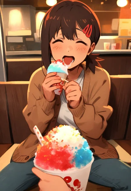 <lora:Khyle. v3:0.8>, pov, pov across table, sitting, happily eating shaved ice,
Higashiyama_Kobeni, white tank top, cardigan, open cardigan, jeans, yummy face, closed eyes, happy,
masterpiece, best quality,