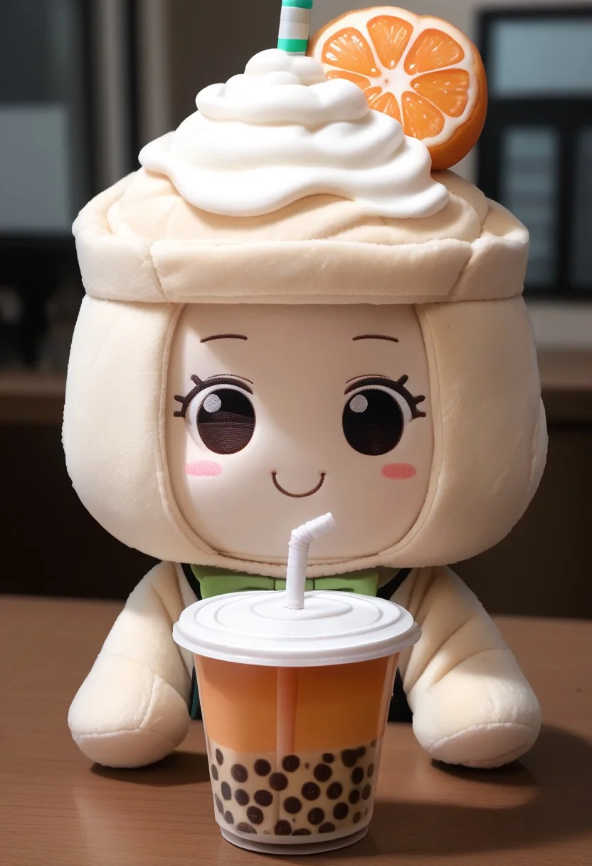 end_plushie_morph, no humans, bubble tea, solo, smile, table, indoors, closed mouth, black eyes, looking at viewer, food, blush stickers, kagami mochi, object on head, mandarin orange, blurry, full body, blurry background, food on head, plushie, felt, made of felt, fabric toy, made of fabric, fabric texture, score_9, score_8_up, score_7_up, score_6_up, score_5_up, score_4_up,