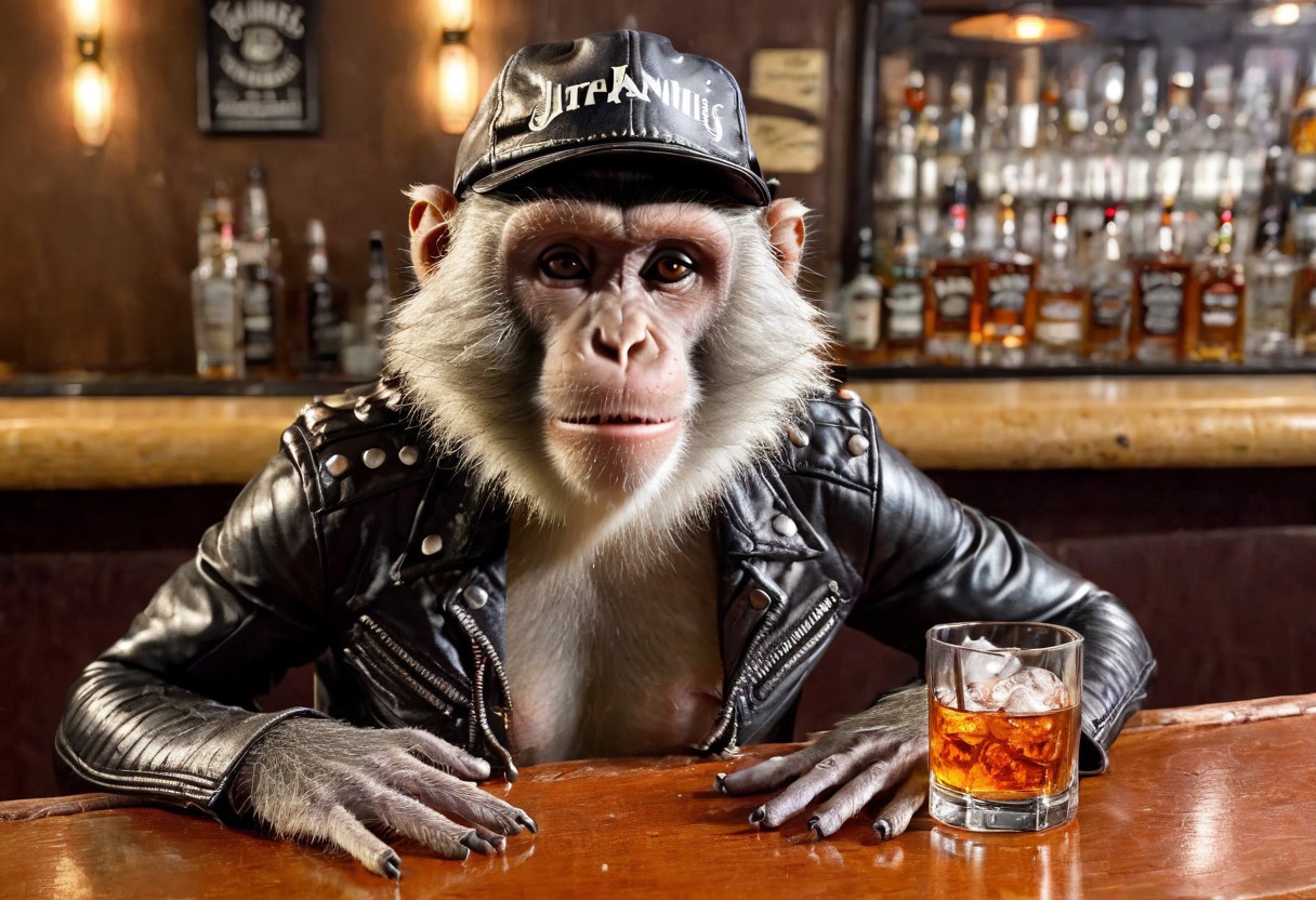 "Vervet monkey", "ultra realistic with high quality and ultra detail with excellent focus of Vervet monkey, presented as a rocker, rocker leather jacket and rocker leather hat on head, sitting at a bar in a (smoky setting), rocker pub , (smoking cigarette in ashtray ), a bottle of Jack Daniels whiskey, a half-full glass of whiskey and ice cubes