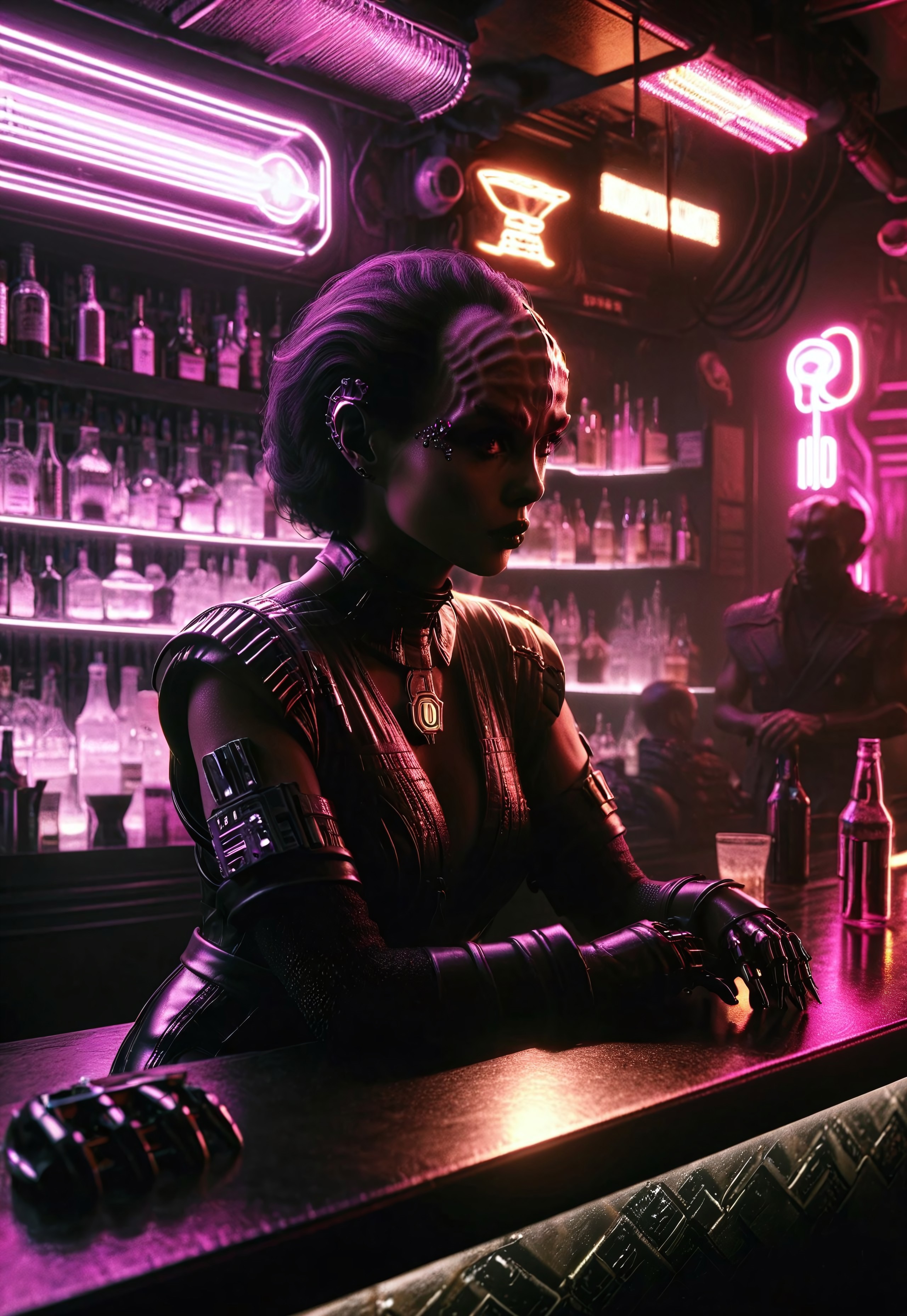 female kling0n alien sitting at the counter of a bar, cyberpunk, noir, large forehead ridges, brown skin, nose ridges, large eyebrows, 1040s mad-neon-noir, masterpiece, best quality, ultra high res, (photorealistic, realistic:1.2), deep shadow, raw photo, film grain, Fujifilm XT3, 8k uhd, dslr