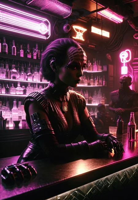 female kling0n alien sitting at the counter of a bar, cyberpunk, noir, large forehead ridges, brown skin, nose ridges, large eyebrows, 1040s mad-neon-noir, masterpiece, best quality, ultra high res, (photorealistic, realistic:1.2), deep shadow, raw photo, film grain, Fujifilm XT3, 8k uhd, dslr