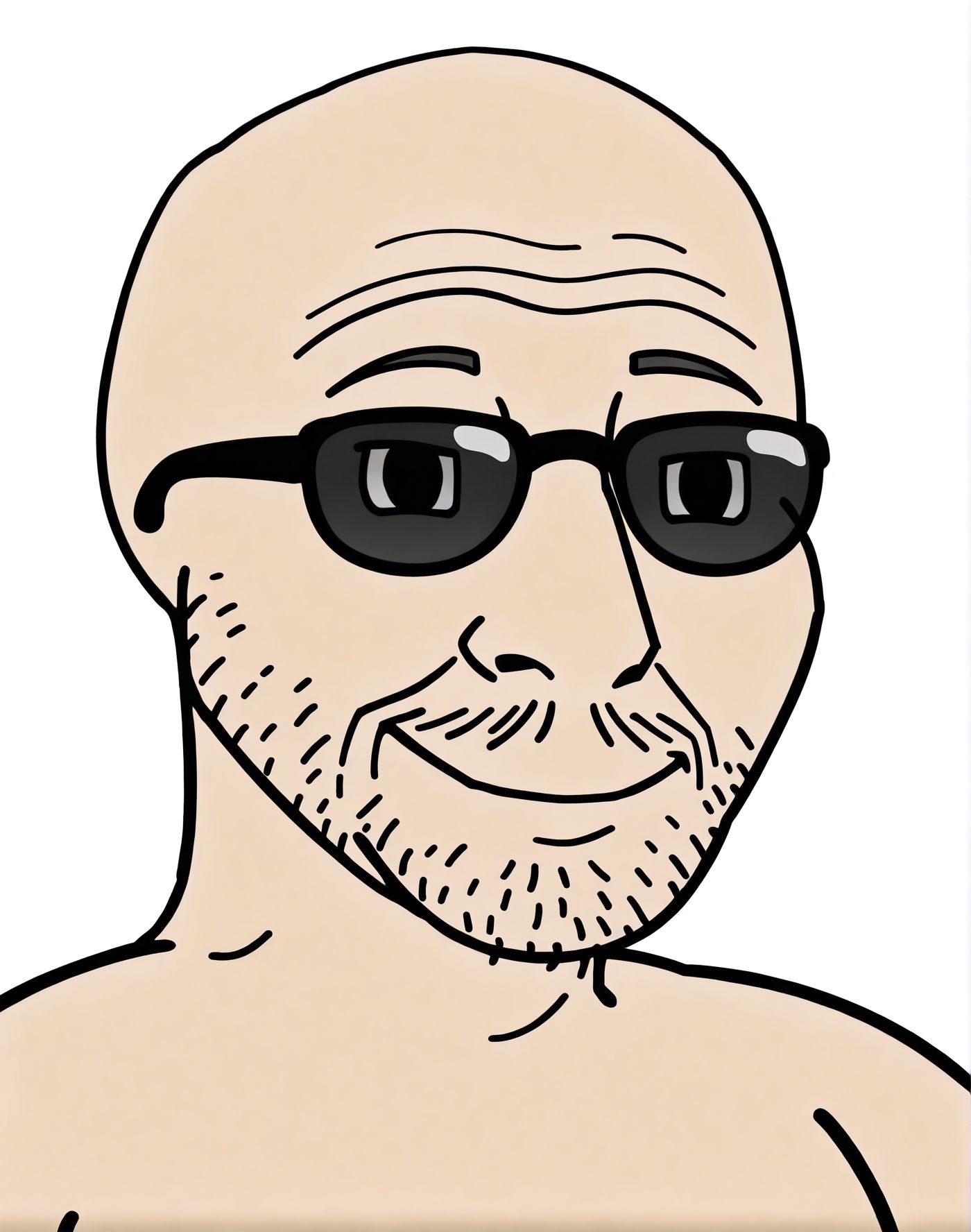 toon \(style\), 2d,
<lora:Wojak_style:1.1>Wojak style,
1boy,male focus,solo,
black sunglasses,facial hair,
closed mouth, simple background,
wojak style,bald, smile, 
fat,ugly man,  aged up,