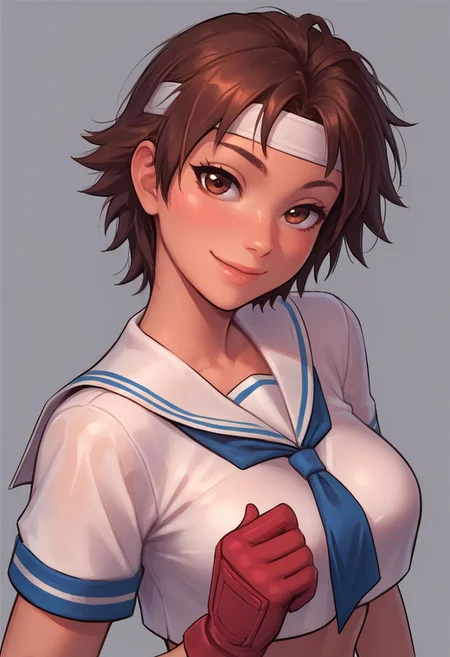 score_9, score_8_up, score_7_up, score_6_up, sakura kasugano, brown eyes, brown hair, crop top, headband, sailor collar, school uniform, short sleeves, shirt, white shirt, white headband, gloves, red gloves, short hair, turning to face viewer, head tilt, 1 girl, seductive smile, looking at viewer, sexy revealing outfit, kinky, adorable, petite, side view, looking at viewer, round face, 18 years old, cutest girl in the world