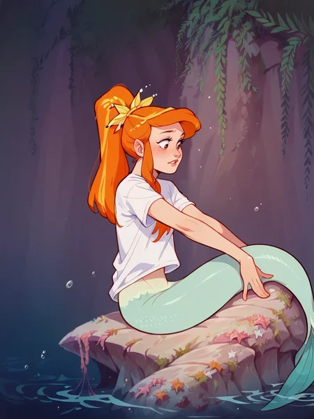 score_9, score_8_up, score_7_up, score_6_up, score_5_up, <lora:ppm3r41dsXLP:1> ppm3r41ds, mermaid, 1girl, solo, orange hair, long hair, ponytail, t-shirt,