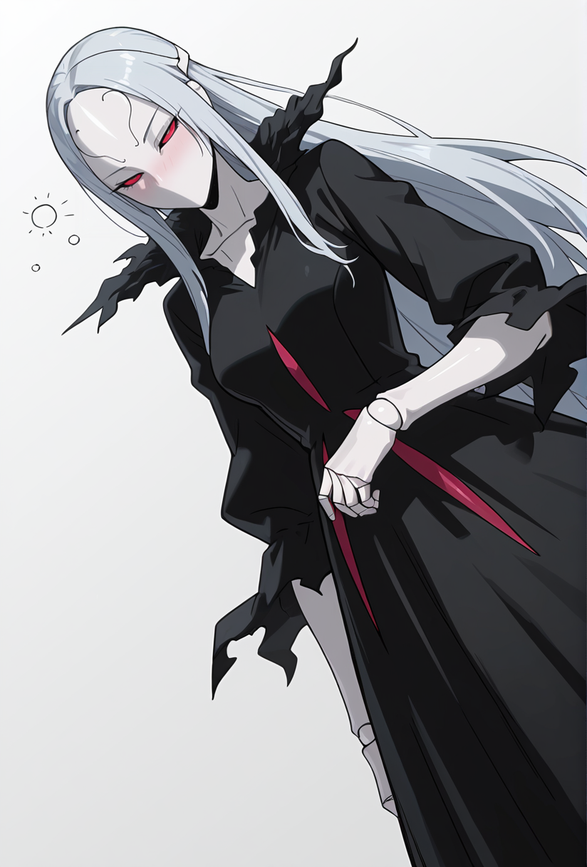 Smooth Quality,masterpiece,very intricate, high quality details, ultra realistic, high detailed skin,detailed enviorement,absurdres,
simple background, white background, 
dutch angle,drunk, half-lidded eyes, faint smile,,solo,
 <lora:Berettacnn:0.8>  beretacnn,1girl, long hair,red eyes, (mask:1.1), black dress,silver hair, doll joints, no humans, no mouth,