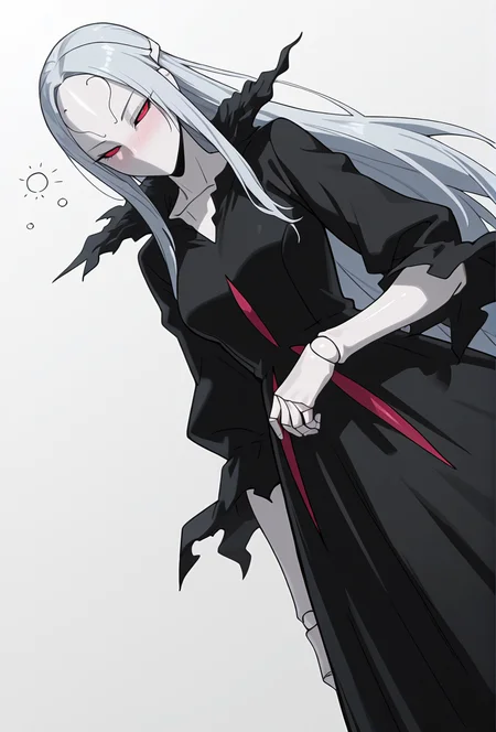 Smooth Quality,masterpiece,very intricate, high quality details, ultra realistic, high detailed skin,detailed enviorement,absurdres,
simple background, white background, 
dutch angle,drunk, half-lidded eyes, faint smile,,solo,
 <lora:Berettacnn:0.8>  beretacnn,1girl, long hair,red eyes, (mask:1.1), black dress,silver hair, doll joints, no humans, no mouth,