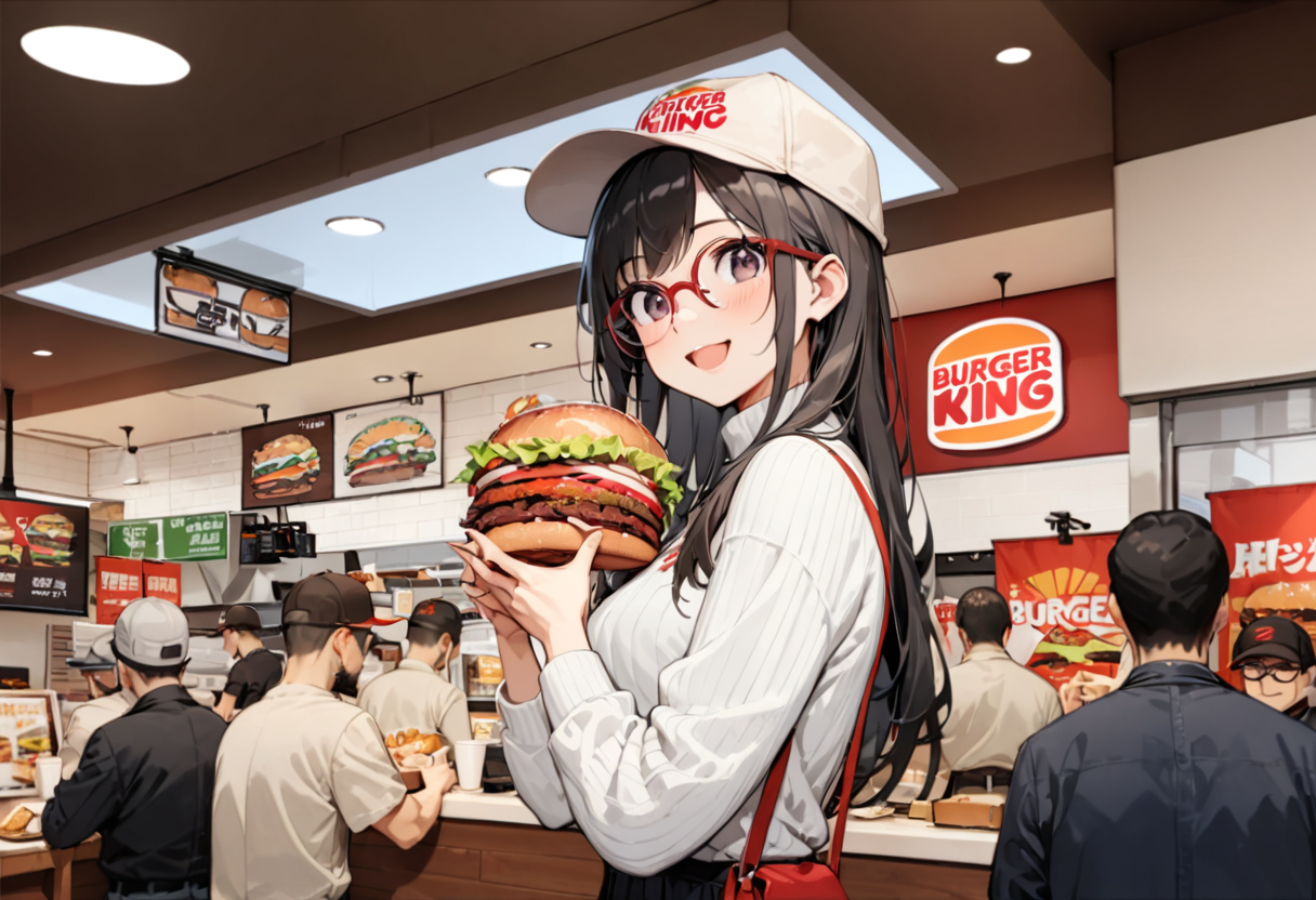 masterpiece, best quality, very aesthetic, absurdres, 
1girl, solo, glasses, black hair, long hair, white ribbed sweater, happy, smile, looking at viewer, open mouth, solo focus,
burgerking, scenery, storefront, indoors, multiple boys, food, 6+boys, ceiling, hat, ceiling light, poster (object), burger, shop
 <lora:burgerking_SDXL_V1:0.8>