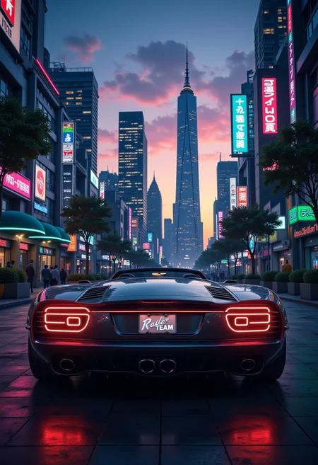 futuristic city, retro futuristic car, logo on the car "RALF TEAM" sci-fi