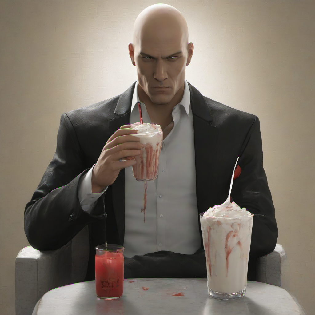 masterpiece,high quality,
 <lora:PE_Hitman47:0.8>  PEHitman,
drinking milkshake